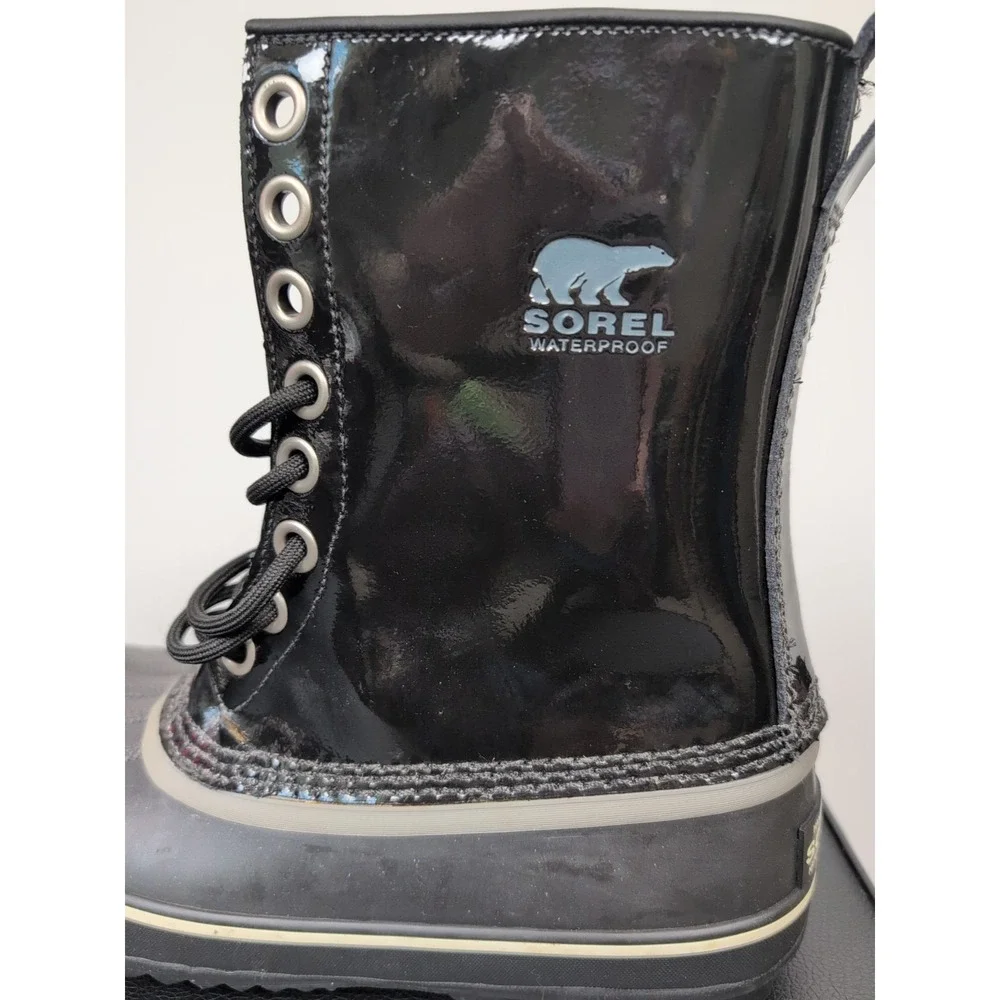 Sorel Boots Womens Sz 7‎ Patent Black Rain Waterproof Dahlia NL1559-010
